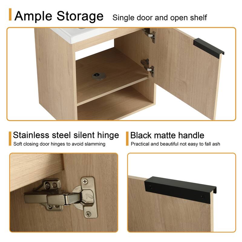 Malwee 16"/20" Floating Bathroom Vanity, Mini Wall Mounted Bathroom Vanity with Ceramic Sink and Soft Close Door