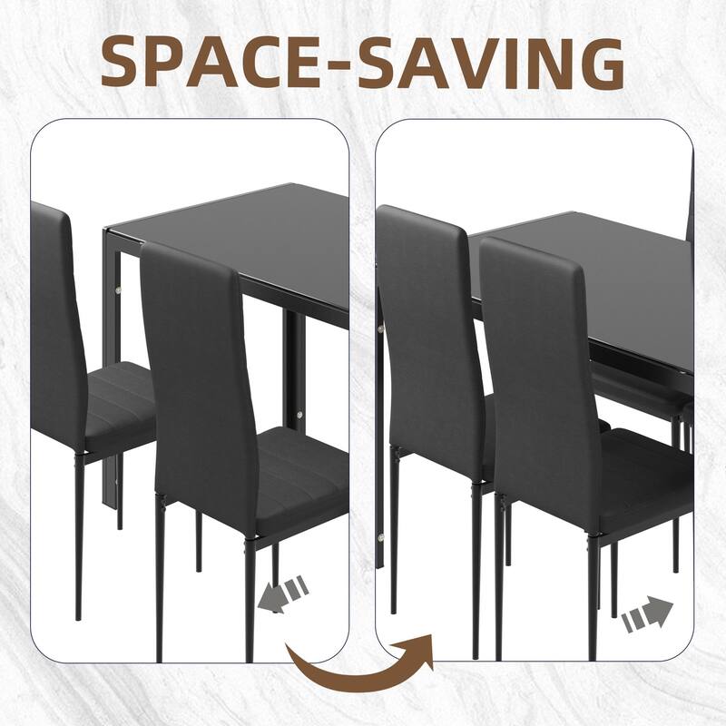 5/7-Piece Glass Top Dining Table Set, Kitchen Table and 4/6 Luxury Faux Leather Chairs, Home Furniture Rectangular Modern, Black