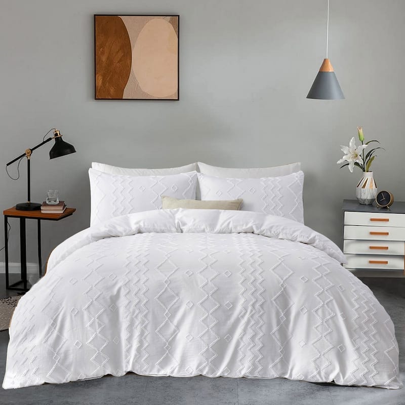 Clipped Jacquard Diamond Geometric Duvet Cover Set - White - Full - Queen