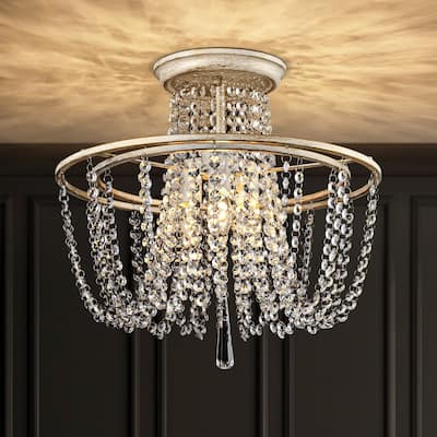 3-Light 17.32" Vintage Antique White Circle Round Crystal Semi-Flush Mount Light - 17.32 in. W x 16.14 in. H
