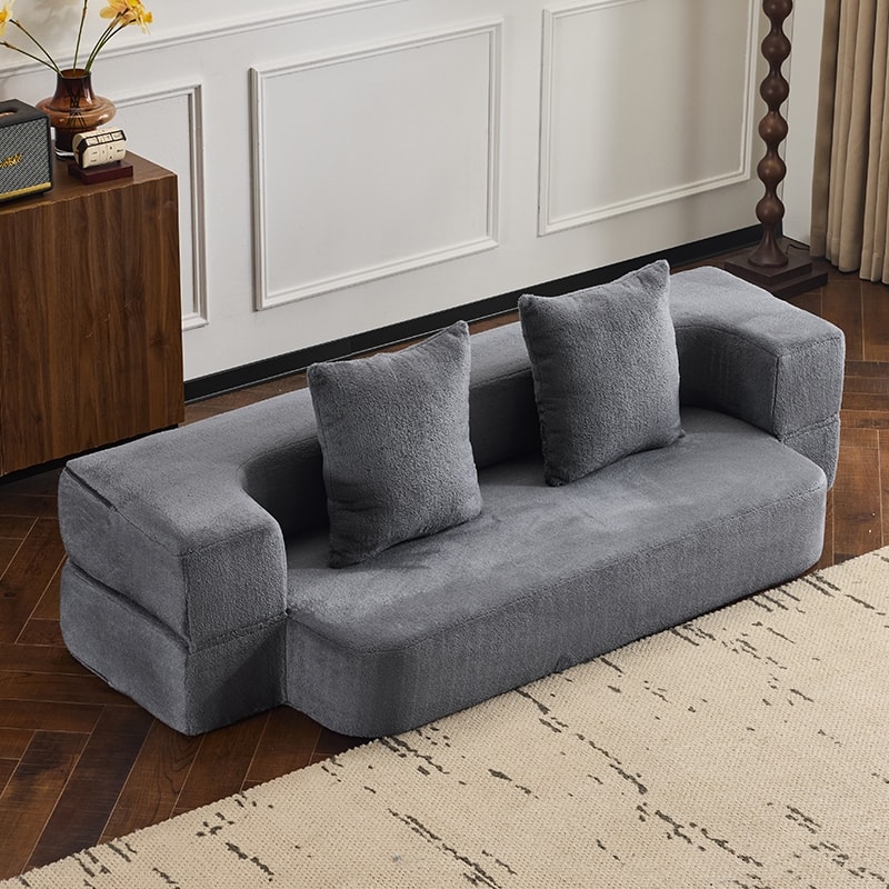 Transformable Sectional Sofa with 3 Ottoman Stools - Supportive Foam Fold-Out Bed, Compact Chenille Lounger