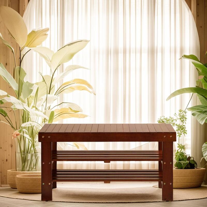 Entryway Footrest Bench with Two Open Shelves at Bottom, Characteristic Leisure Bench Corridor Bench for Living Room - Cherry