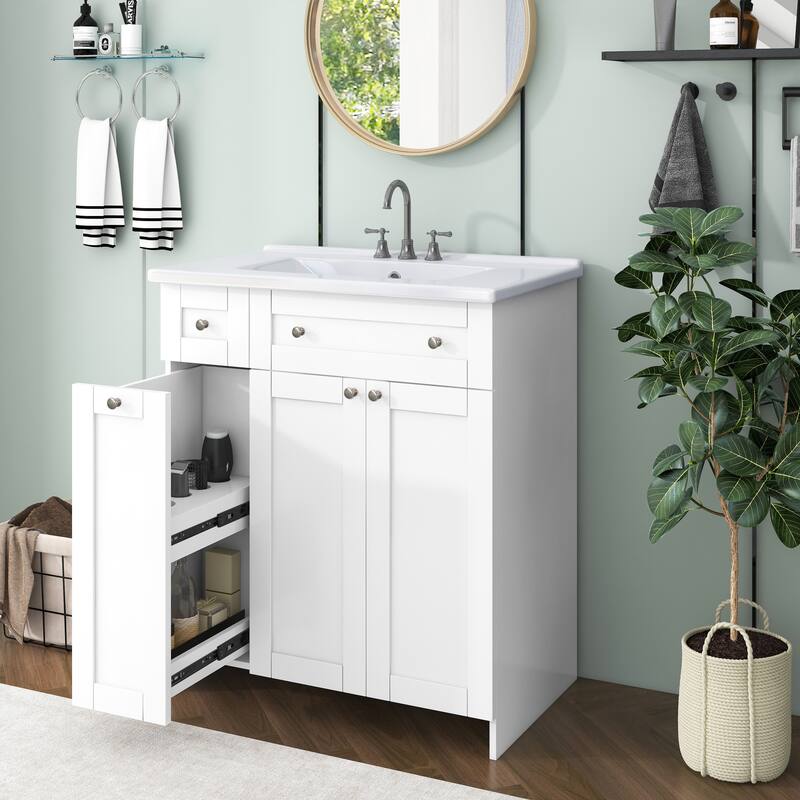 30-Inch Blue Bathroom Vanity with Undermount Ceramic Sink, Soft Close Doors, Ample Storage, and Silver Accents - 18in L MDF