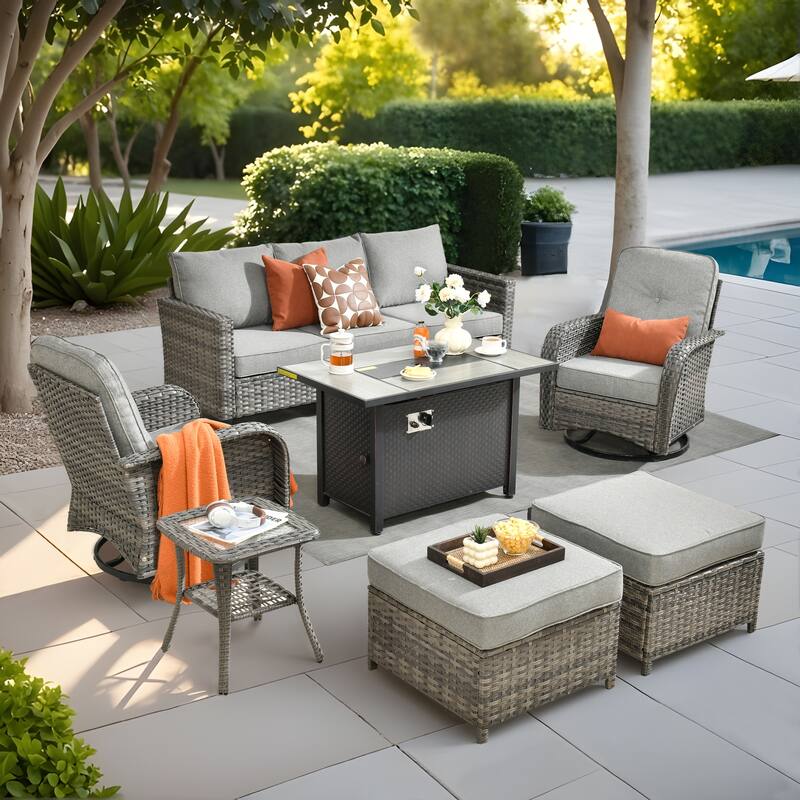 OVIOS 7-piece Patio Wicker Swivel Rocking Chair Set With Fire Pit - Deep Grey