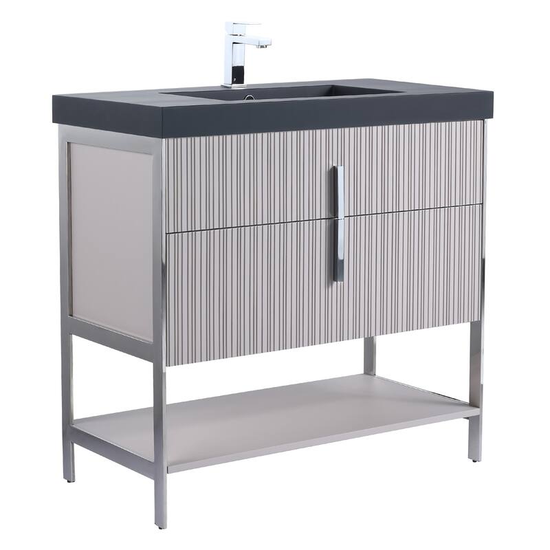 Fine Fixtures Serenity Modern Bathroom Vanity with Black Gel Acrylic Top - Bright Taupe - Chrome Hardware - 36 inch