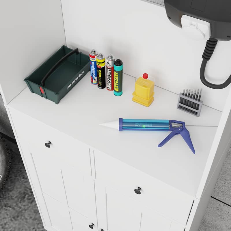 74" Garage Storage Cabinet with EV Charger Stand, Freestanding Charging Station Organizer with Hooks, 2 Drawers & 2 Doors