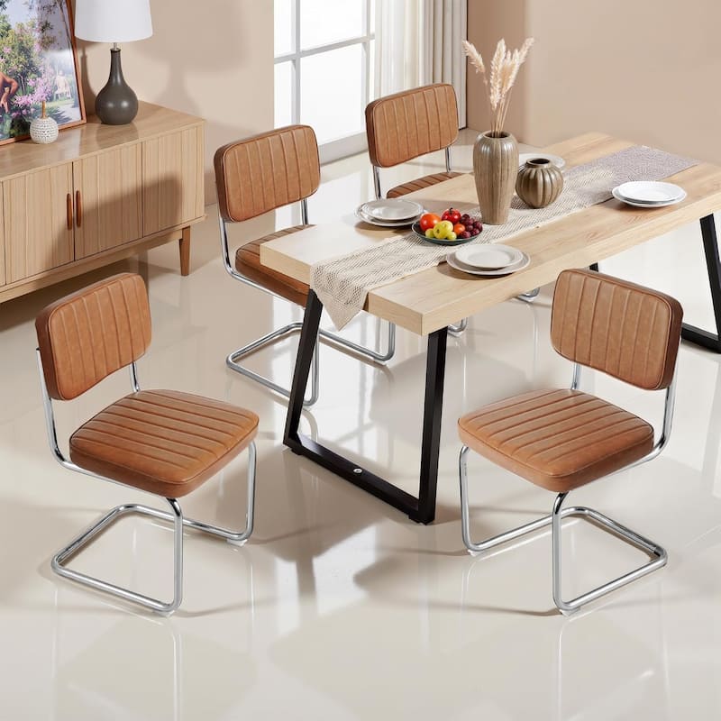 Faux Leather Mid-Century Modern Upholstered Armless Chairs with Metal Legs,Brown,Set of 2