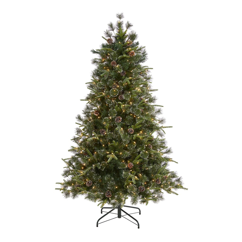 6ft. Snowed Tipped Mixed Pine Artificial Christmas Tree with 250 Clear Lights, Cones & 1242 Branches- Elegant Holiday X-Mas Tree