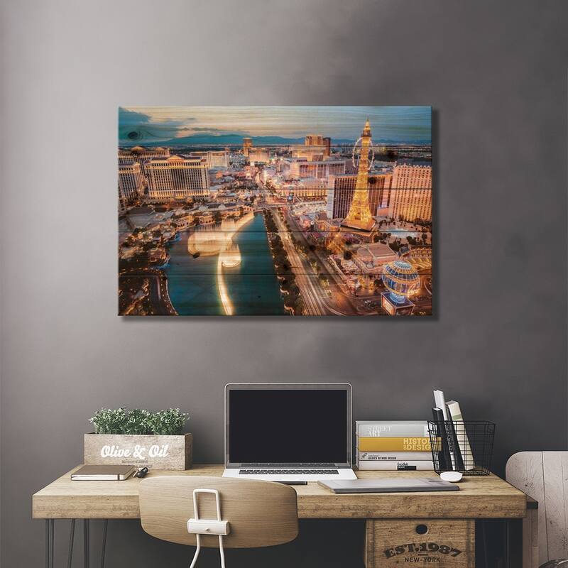 The Fountains Of Bellagio And The Strip, Las Vegas, Nevada, USA Print On Wood by Matteo Colombo - Multi-Color
