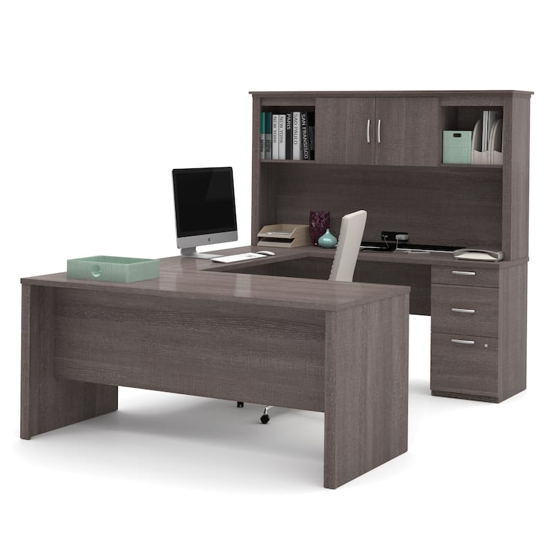 Logan U or L-Shaped Executive Office Desk with Hutch by Bestar - Bark Grey