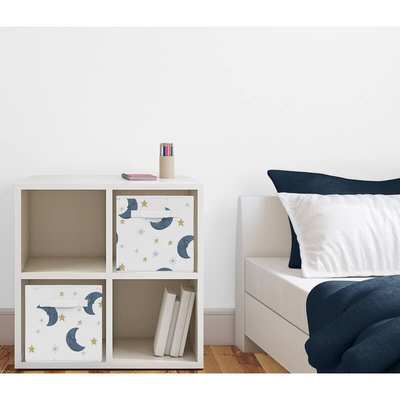 Moon and Star Collection Foldable Fabric Storage Bins - Navy Blue Gold Watercolor Celestial Gender Neutral Outer Space Galaxy