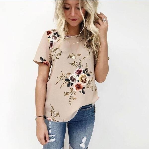 Shop Fashion Women Summer Floral Top Short Sleeve Blouse Casual