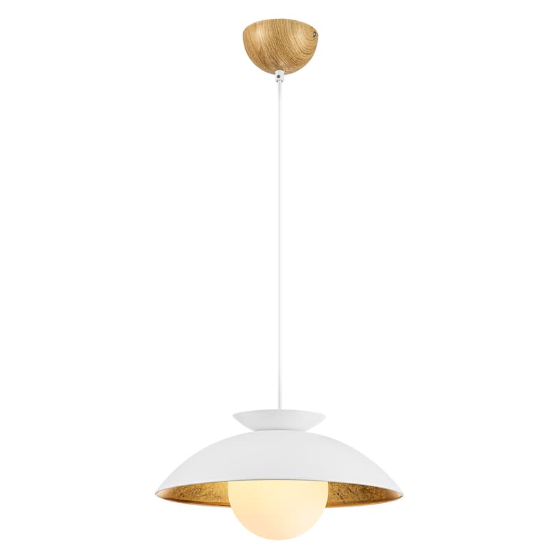 1-Light Modern Farmhouse White/ Black Dome Gold Leaf Wood Pendant with Opal Glass Globe