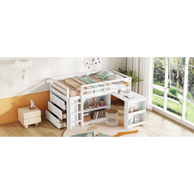 Roomfitters Twin Rubber Wood Loft Bed with Storage Cabinets and Pull-Out Desk, Safety Guardrail and Ladder
