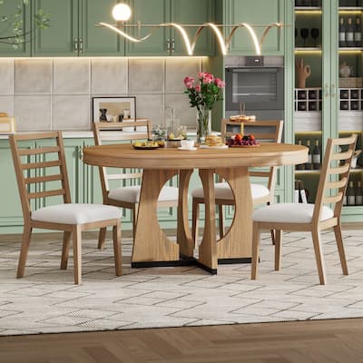 5 Piece Dining Table Set, Extendable Dining Table Set, Round Table with Wooden Tabletop and 4 Upholstered Chairs