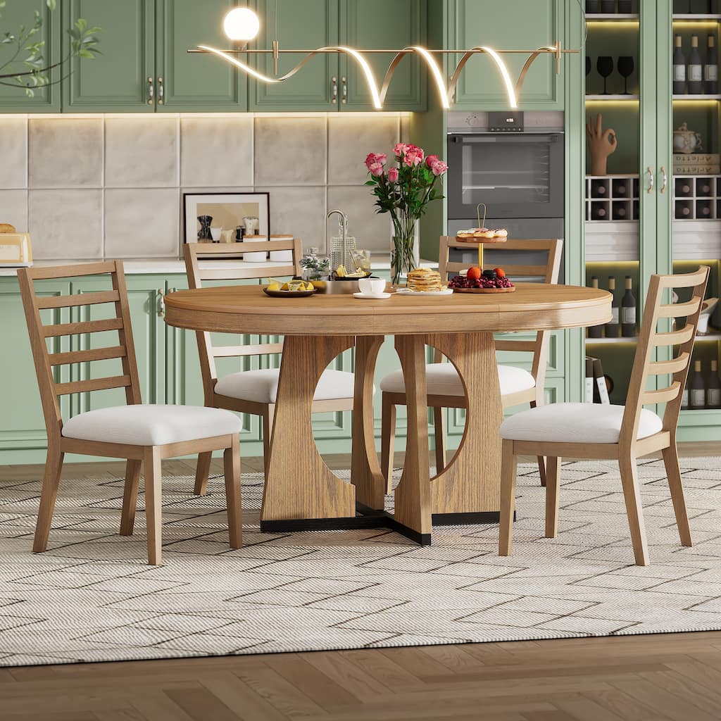 5 Piece Dining Table Set, Extendable Dining Table Set, Round Table with Wooden Tabletop and 4 Upholstered Chairs