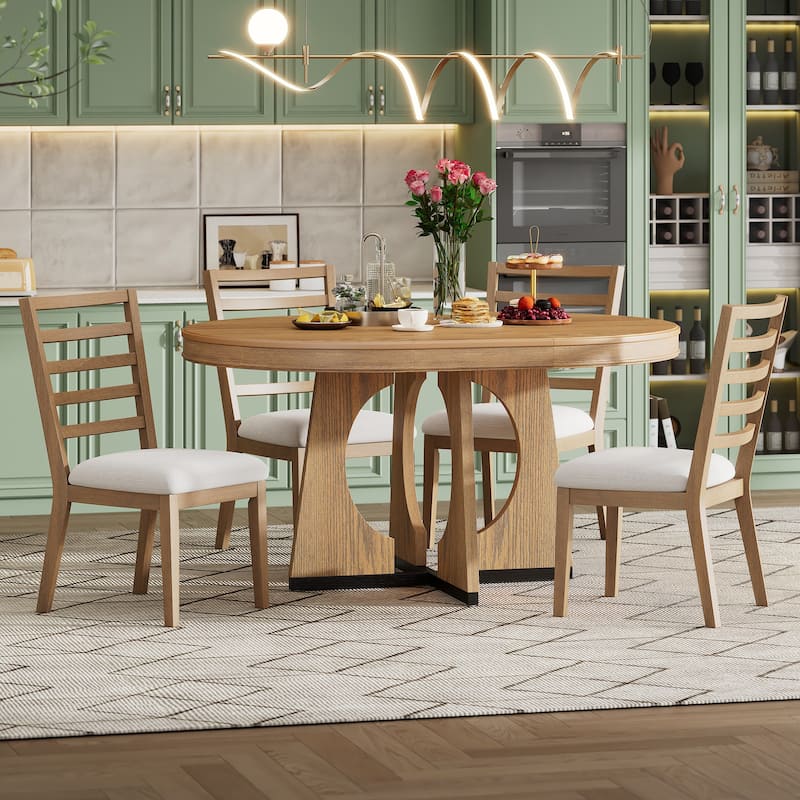 5-Piece Rustic Functional Dining Set, 1 Extendable Table with a 16-inch Leaf and 4 Upholstered Chairs - Natural