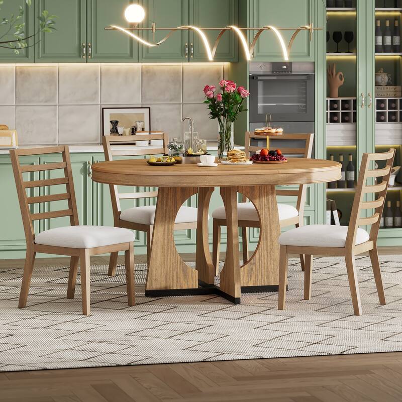 Vintage Style 5-piece Dining Set with Extendable Table and 4 Upholstered Chairs - Natural