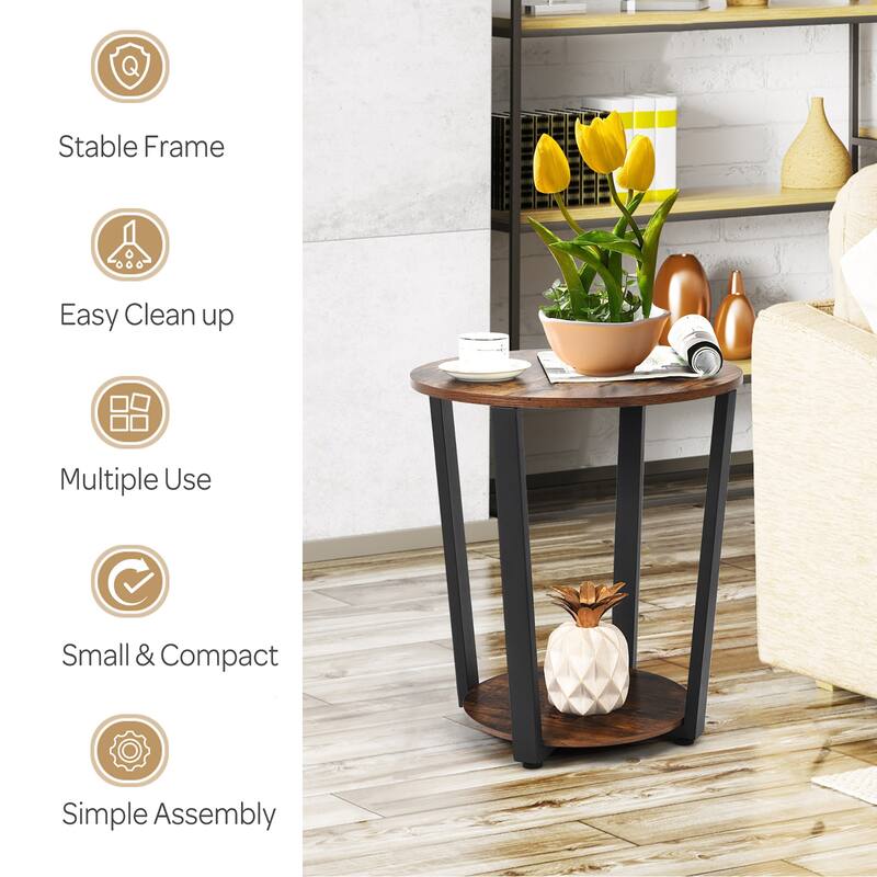 Industrial Round End Table with Metal Frame and Storage Shelf