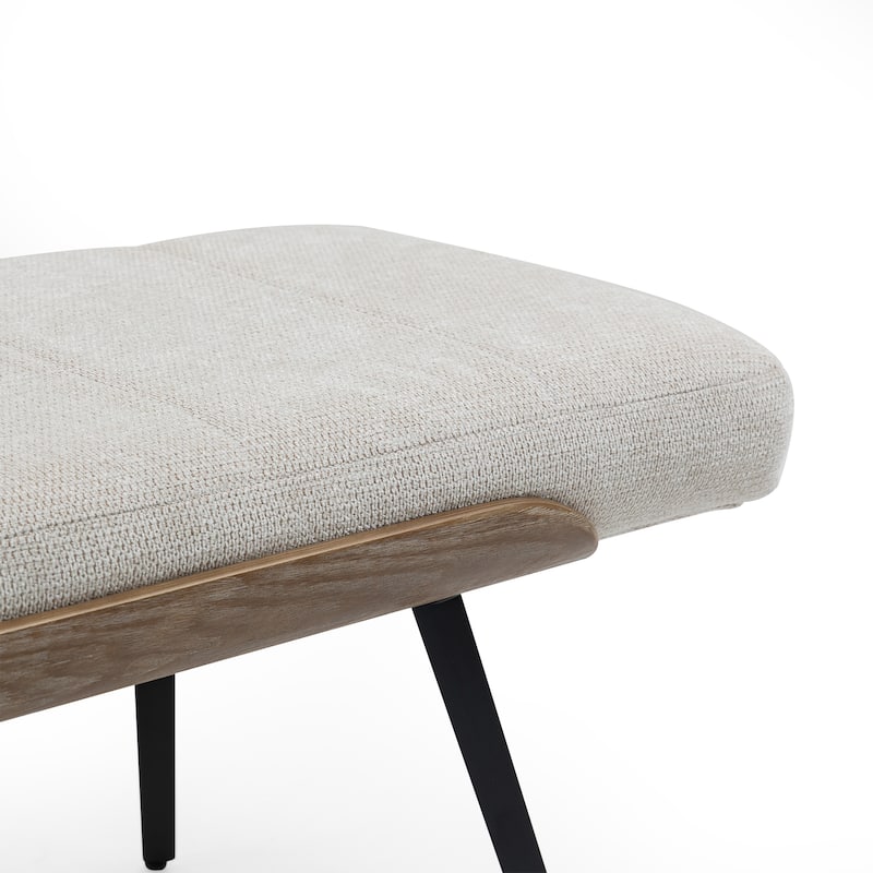 Bevin Beige Washed Woven Fabric Bench with White Washed Wood Accents and Black Iron Legs