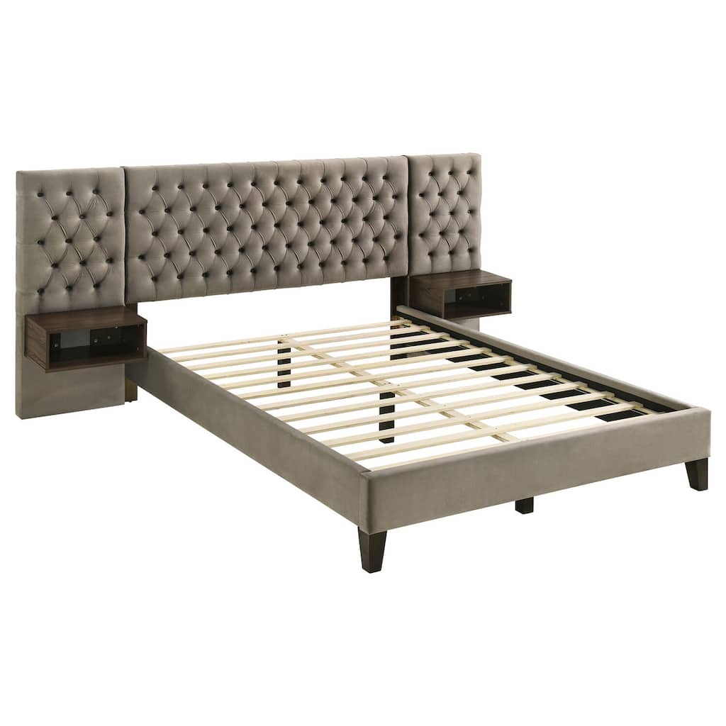 Marley Upholstered Queen Wall Panel Bed in Light Brown with Diamond Tufting and Floating Nightstands