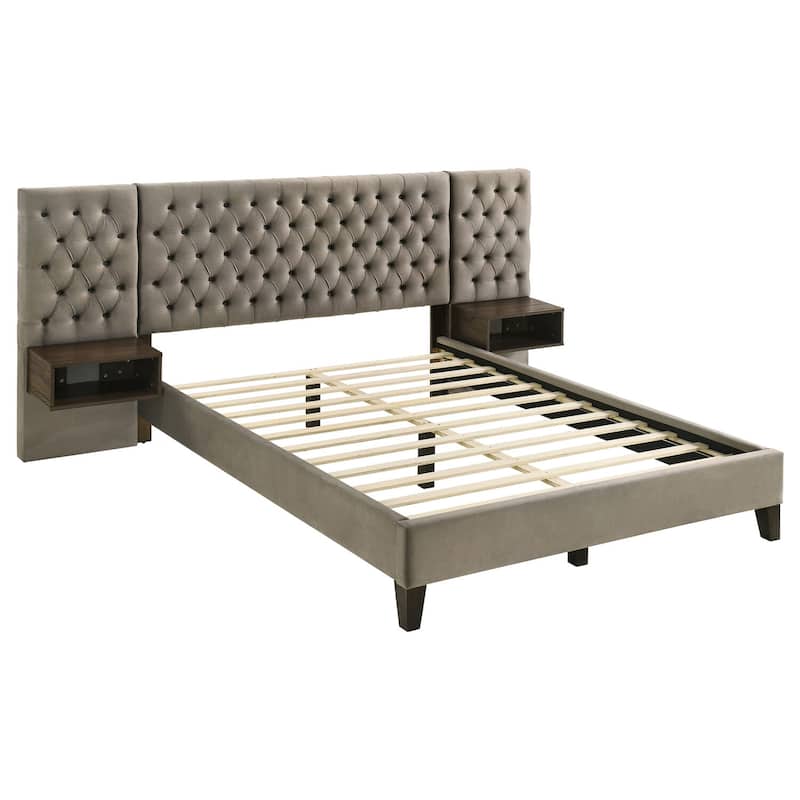 Marley Upholstered Queen Wall Panel Bed in Light Brown with Diamond Tufting and Floating Nightstands