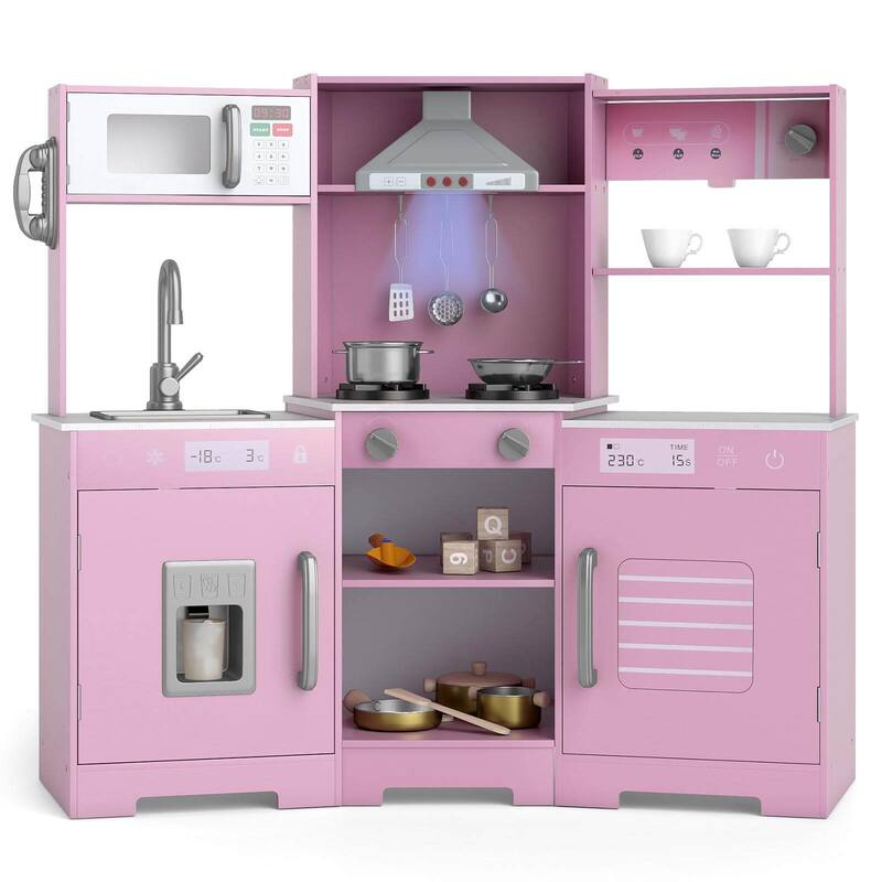 Costway Pretend Play Kitchen for Kids Toddler Aged 3+ Wooden Toy Set - See Details - Pink
