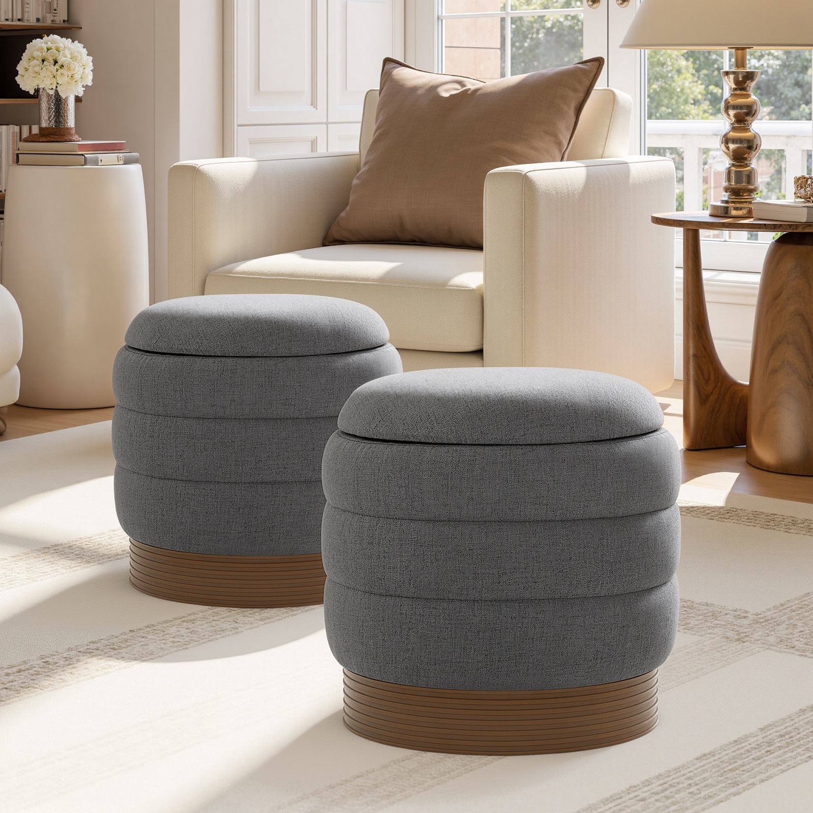 Round Swivel Storage Ottoman Footrest Linen Upholstered Accent Seat with Tray Top, Fully Assembled and Acacia Wood