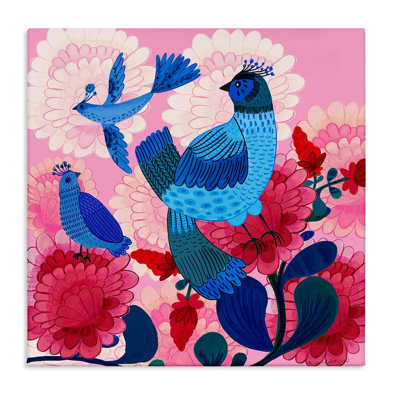 Stupell Folk Birds on Dahlias Canvas Wall Art Design By Kay Widdowson - 17 x 17