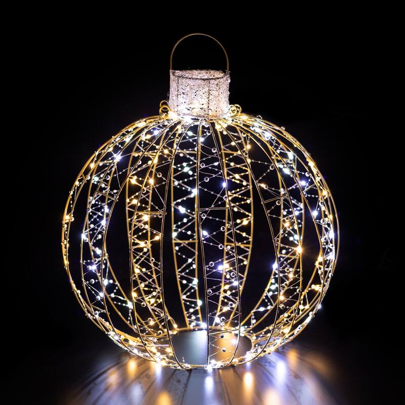 LED Lighted 3D Beaded Ball Ornament Outdoor Christmas Decorations - Candlelight Clear - Set of 3 - Gold