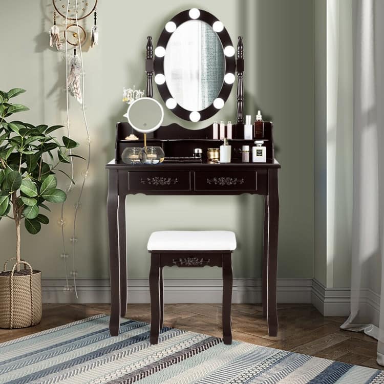 Makeup Dressing Table with Touch Switch Lighted Mirror and Cushioned Stool - 29.5"(L) x 16"(W) x 57"(H)