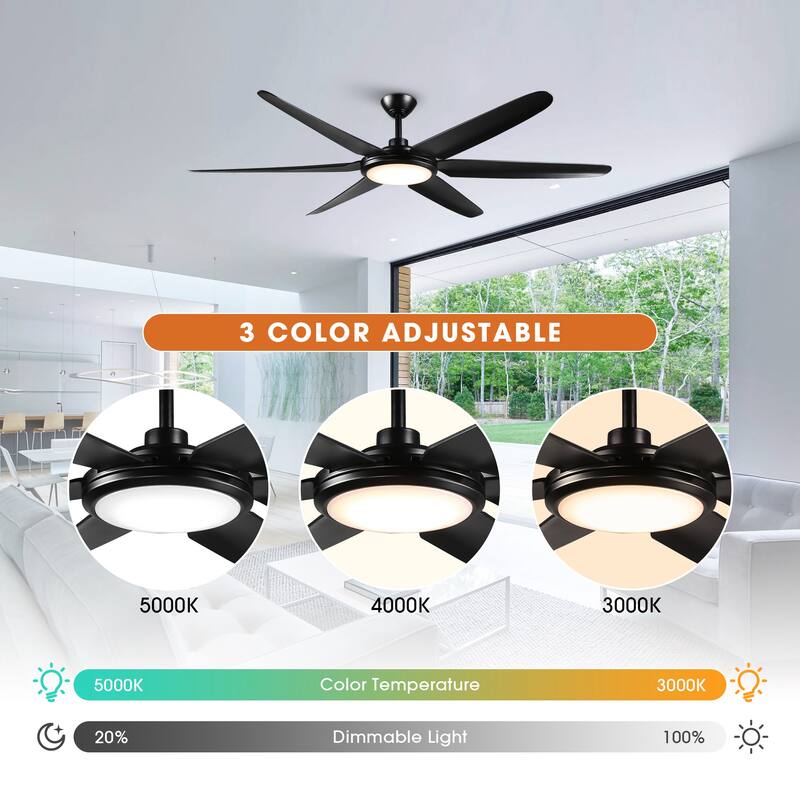 65" Large Modern Black 6-blade LED Ceiling Fan with Light and Remote