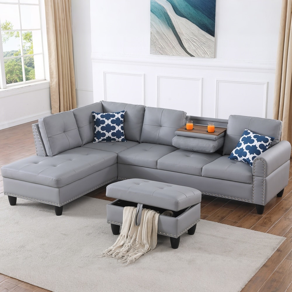 HOMEFUN Linen/Leather Upholstered L-Shaped 4-seater Multifunctional Sectional Sofa with Storage Ottoman,Cup Holder