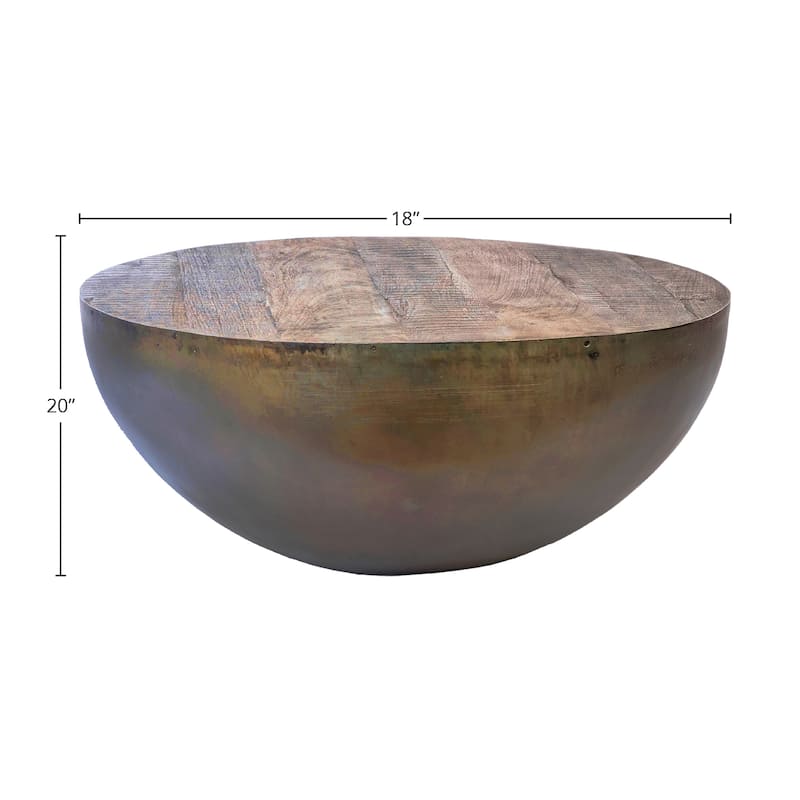 Lucia Reclaimed Teak and Iron Round Drum Style Coffee Table, Natural Grey