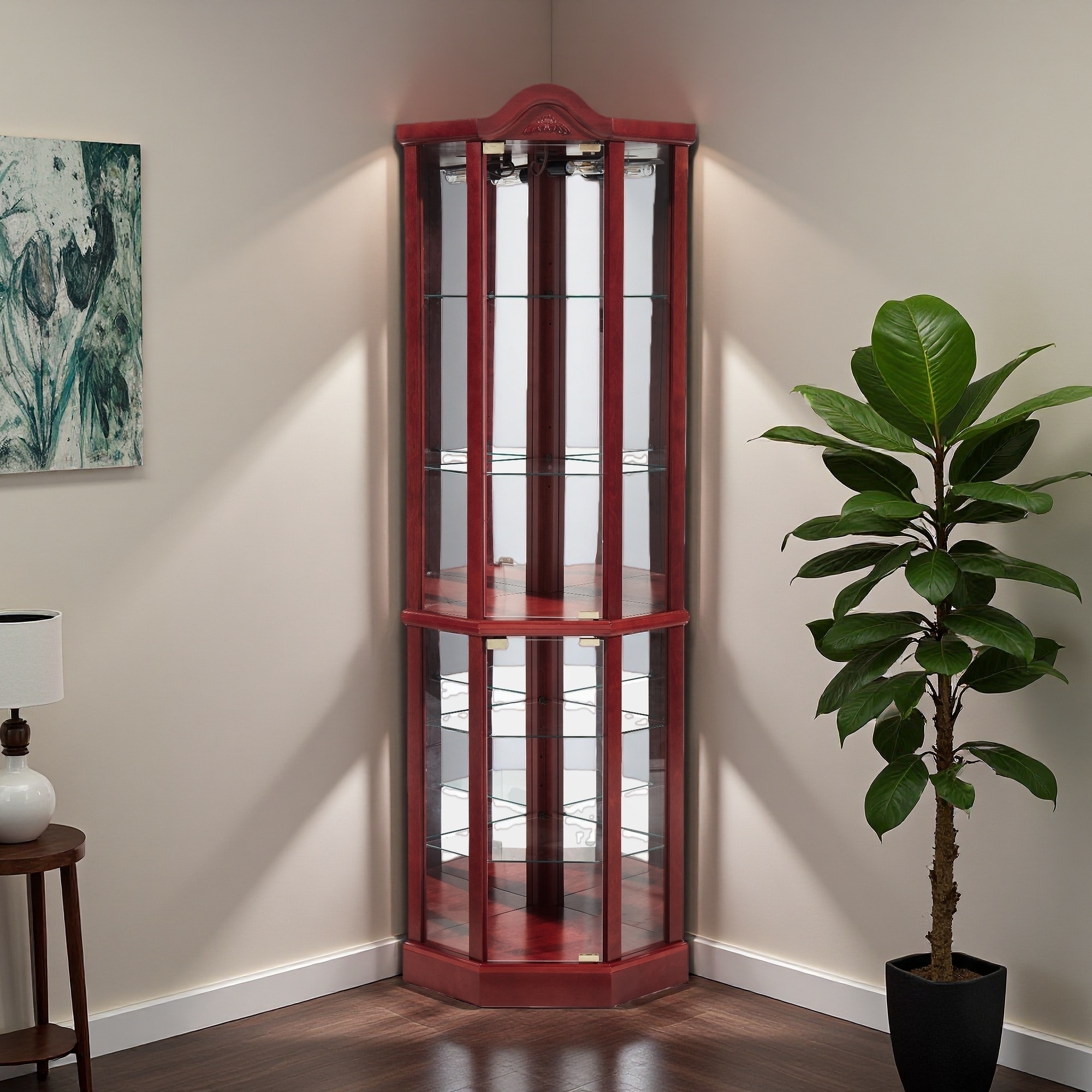 71.93"H Lighted Glass Corner Curio Cabinet, Adjustable Shelves, Anti-Tipping Mechanism