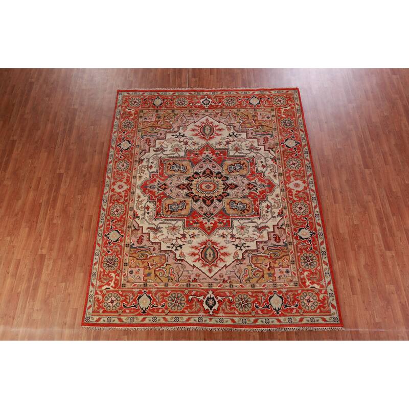Hand Knotted Oriental 100% Wool Carpet Traditional Medallion Beige & Ivories Heriz (serapi) Area Rug - 9' 10'' X 7' 11''