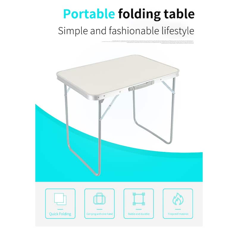 White Portable Folding Table with Metal Edge Reinforcement for Camping and Outdoors Dining - 27.56"L × 19.69"W × 23.62"H