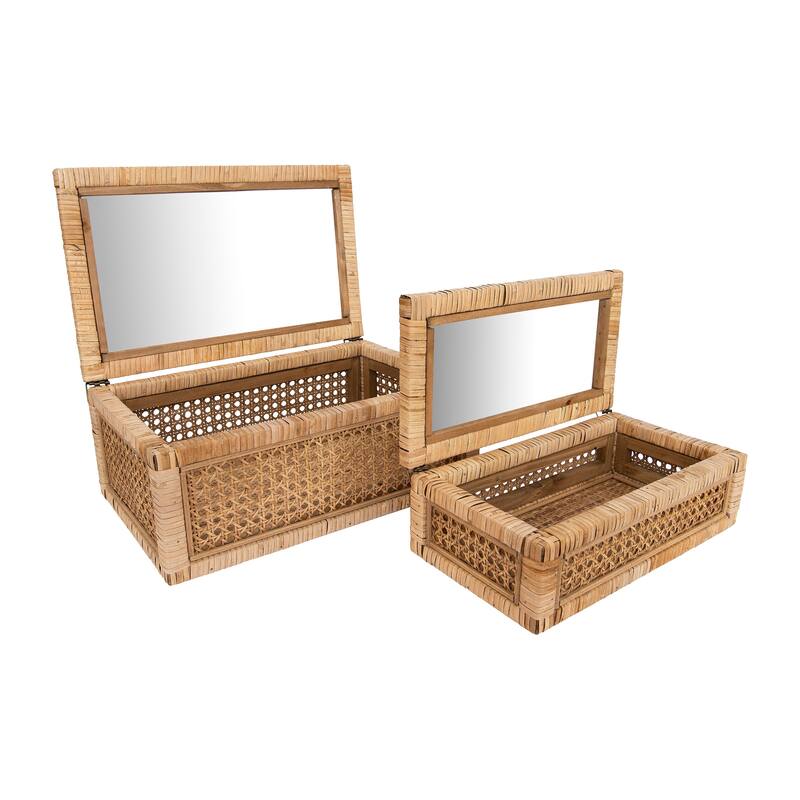 Woven Rattan Display Boxes with Glass Lids & Fir Wood Frame