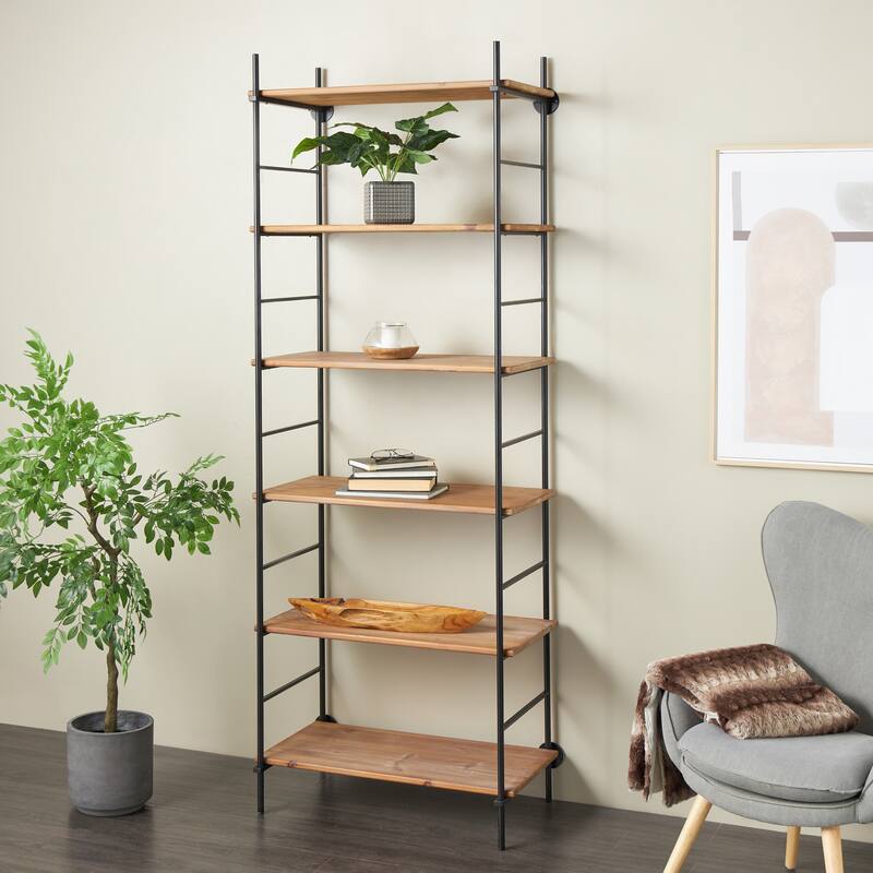 Wood Rectangular 6 Level Shelving Unit with Black Metal Ladder Frames - Brown - Roche River Decor