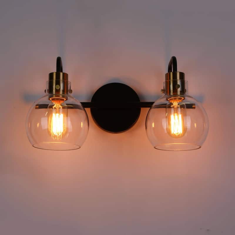 Modern 2-Light Black Gold Bathroom Vanity Light Wall Sconce with Clear Glass - 14.5" L x 8" W x 8.5" H