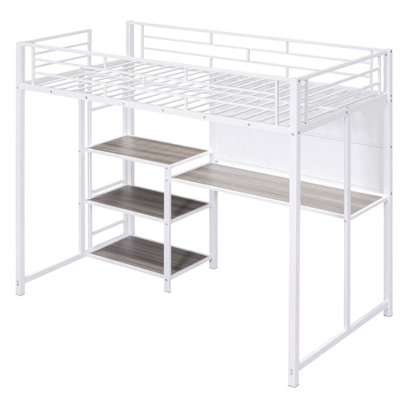 Roomfitters Twin Size Loft Bed with Desk and Whiteboard, Metal Loft Bed with 3 Shelves and Ladder, Durable & Easy to Assemble