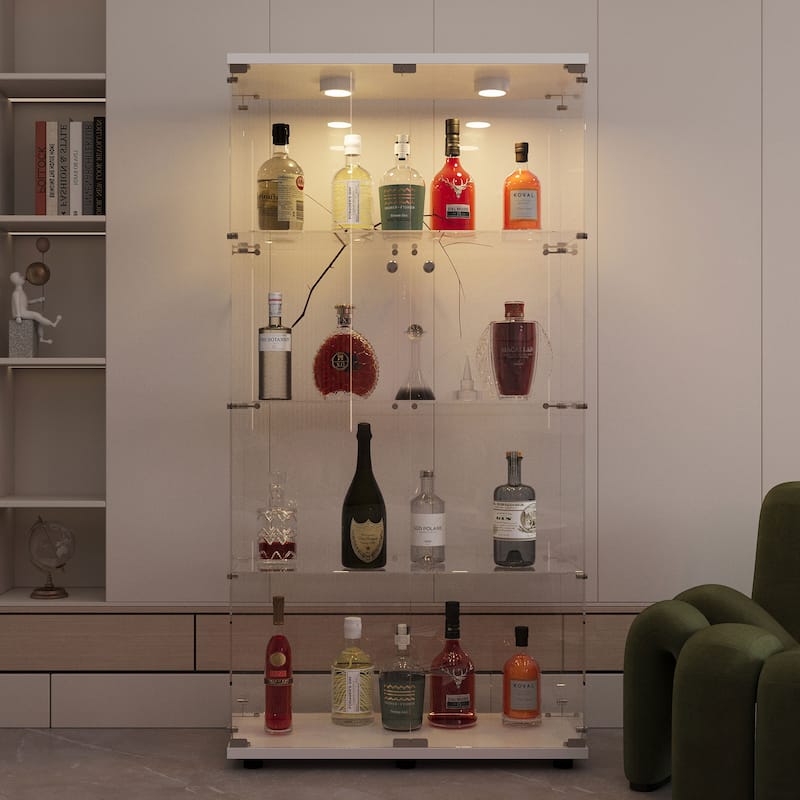 Tempered Glass Display Cabinet w/Multi-Color LED Lights, Door Lock & Adjustable Floor Feet for Flexible Placement