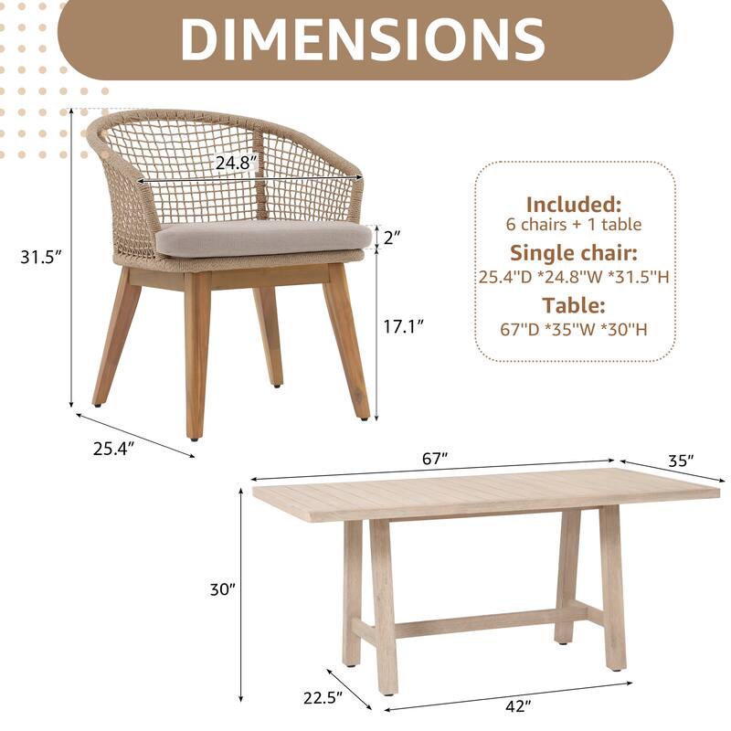 Outdoor Patio 7-Piece Set With Rope-Woven Dining Chairs and Dining Table Set