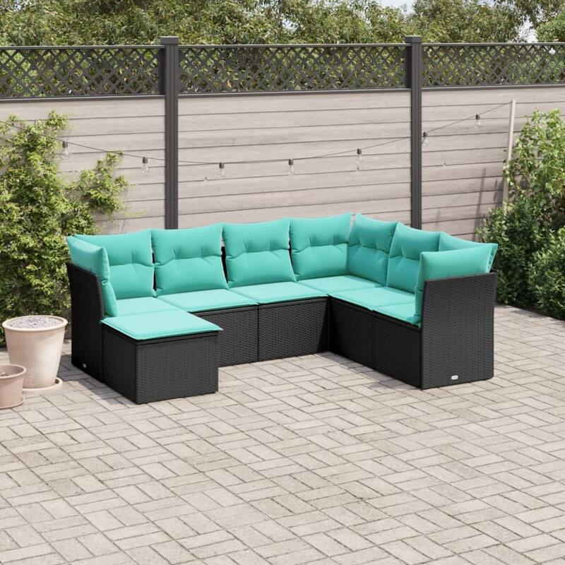 vidaXL 7/8 Piece Patio Sofa Set with Cushions Black/Brown/Gray Poly Rattan - Black and blue Without table