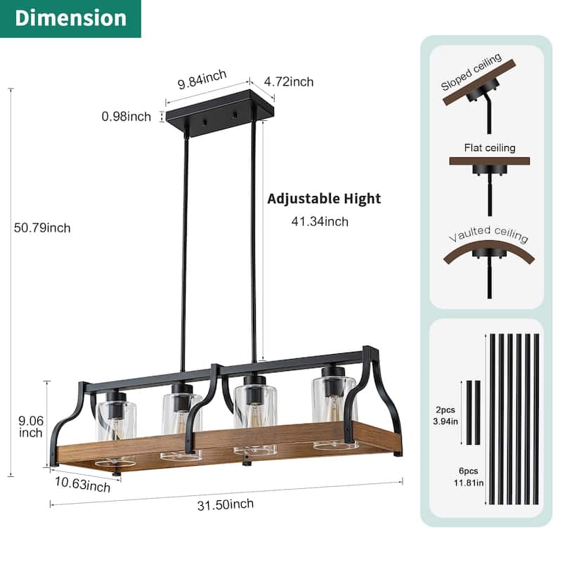 Starsky 4-Light Modern Farmhouse Black Chandelier Wooden Linear Kitchen Island Light