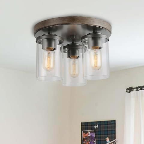 Modern Rustic 3-lights Metal Faux Wood Flush Mount Ceiling Lights with Glass Shade - D11.8"x H8.3"