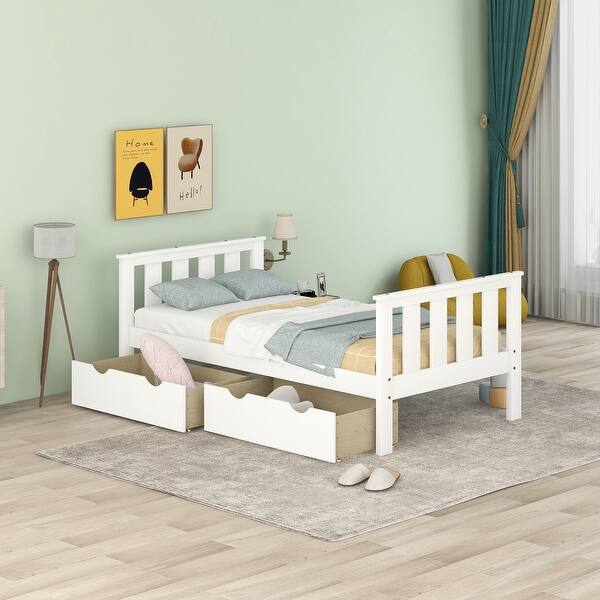 slide 2 of 17, Twin Size Solid Wood Platform Bed Frame with Storage Drawers With Storage Drawers,Footboard and Headboard White