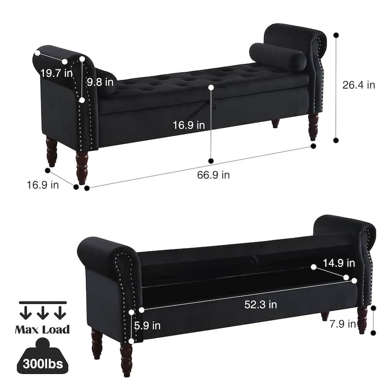 HOMYKA 66.9" Tufted Storage Bench with Rolled Arms Ottoman Long Bench