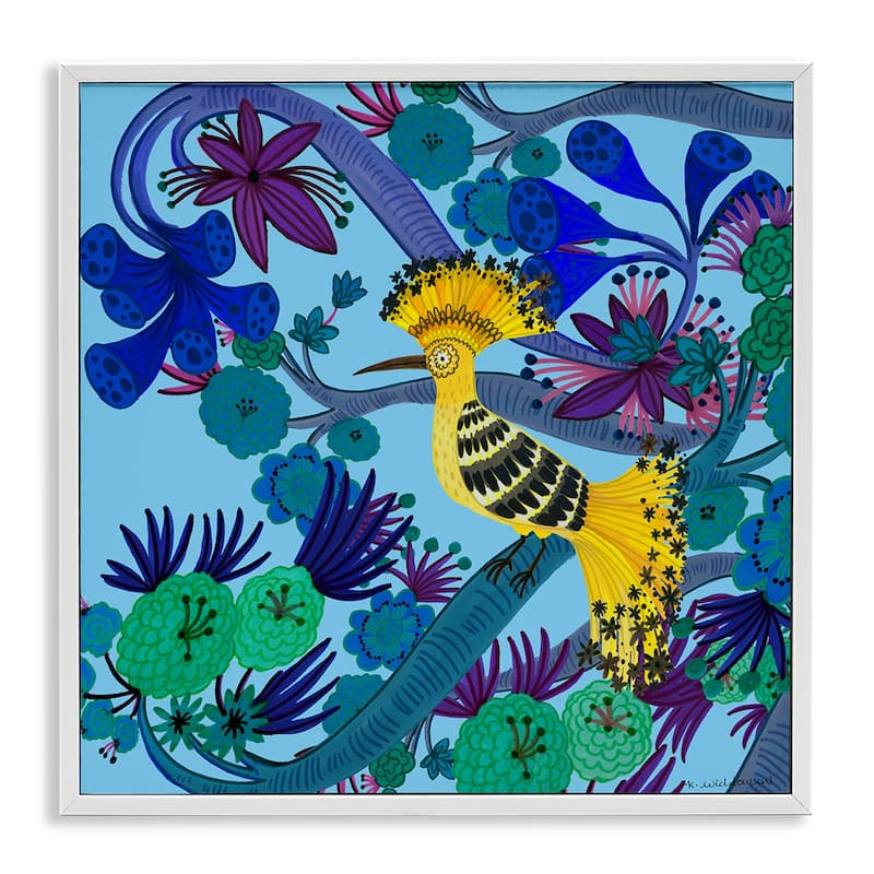 Stupell Whimsical Yellow Bird & Flowers Framed Giclee Art Design By Kay Widdowson - 17 x 17 - White