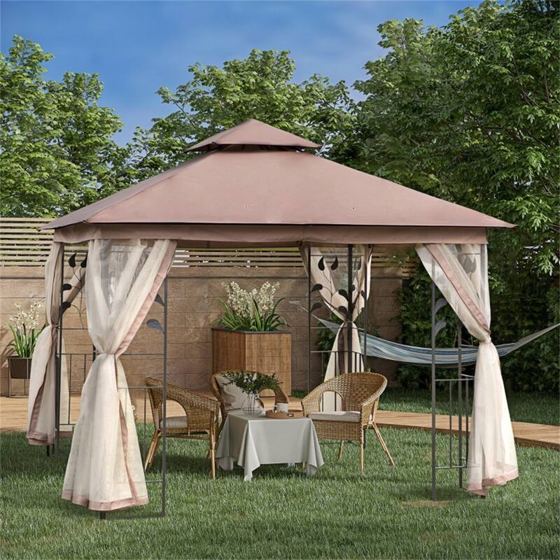 Brown-Charcoal Grey Polyester Steel Outdoor Gazebo with Netting and UV Protection
